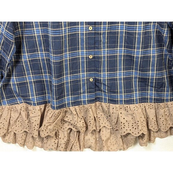 Paisley Vine Women Plus 2XL Plaid Long Sleeve Eyelet Ruffle Lace Shirt Button Up - Picture 5 of 15